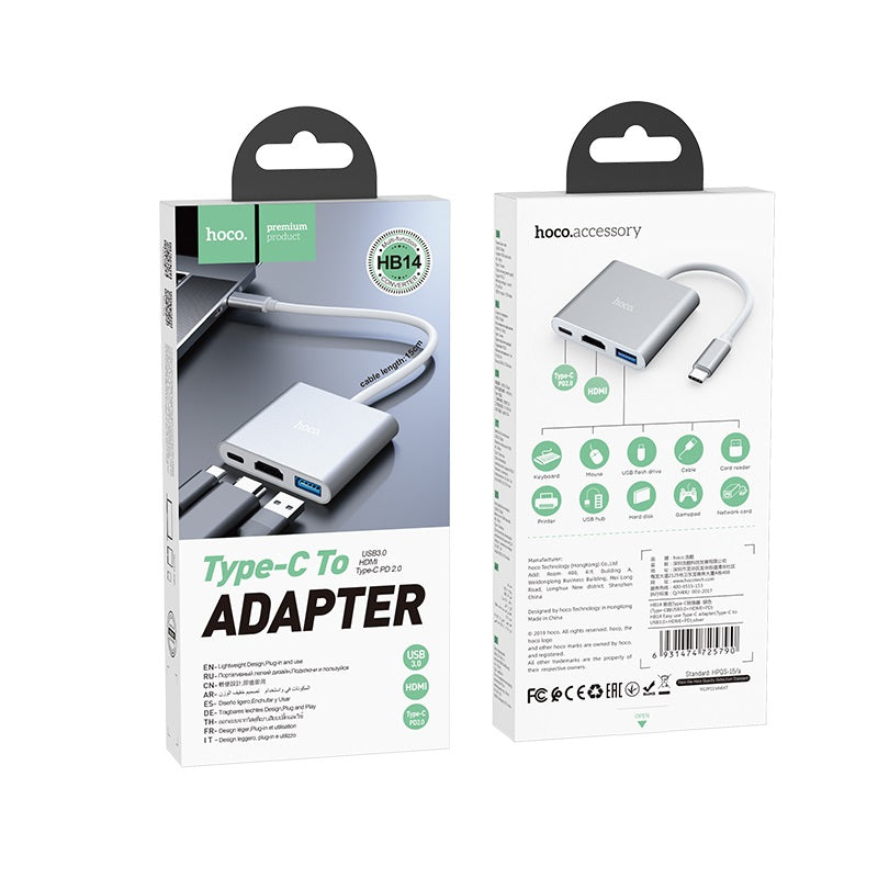 Hoco HB14 Easy use Type-C hub USB3.0 + HDMI + PD – Silver Hoco HB14 Easy use Type-C hub USB3.0 + HDMI + PD – Silver